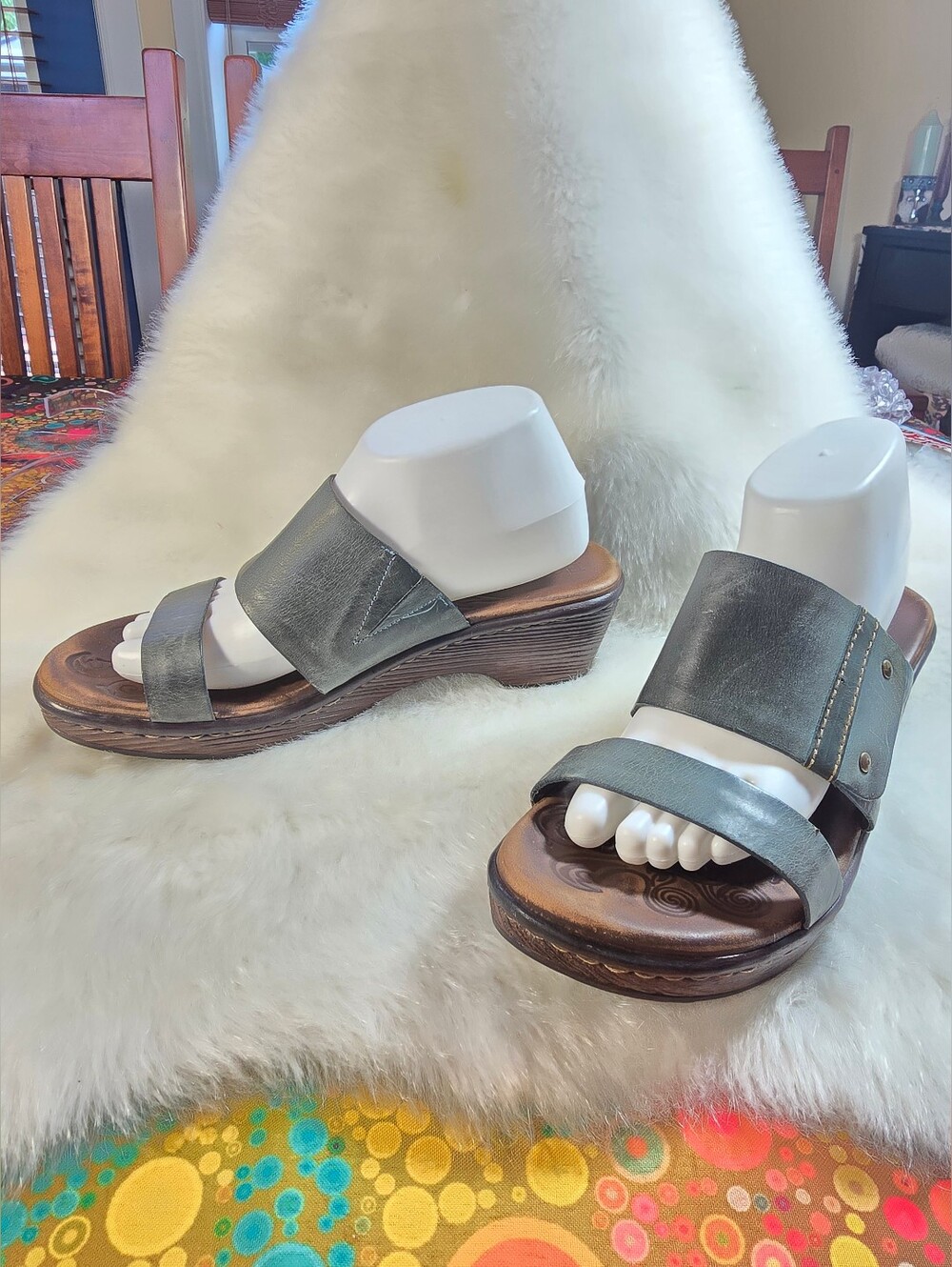 Born Womens Distressed Gray Leather Wedge Slide Sandals